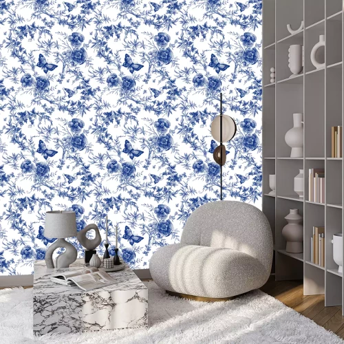 Behang seamless design with roses flowers. Fairytale forest. hand drawn vintage botanical pattern line graphics. fashion textile design Indigo color. floral illustration