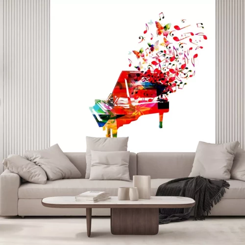 Sticker Colorful piano with music notes isolated vector illustration design. Music background. Music instrument poster with music notes, festival poster, live concert events, party flyer