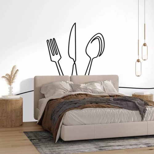 Sticker Continuous one line drawing.Forks, spoons, knife plates and all eating and cooking utensils, can be used for restaurant logos, cakes, business cards, banners and others. Black and white vector illustr