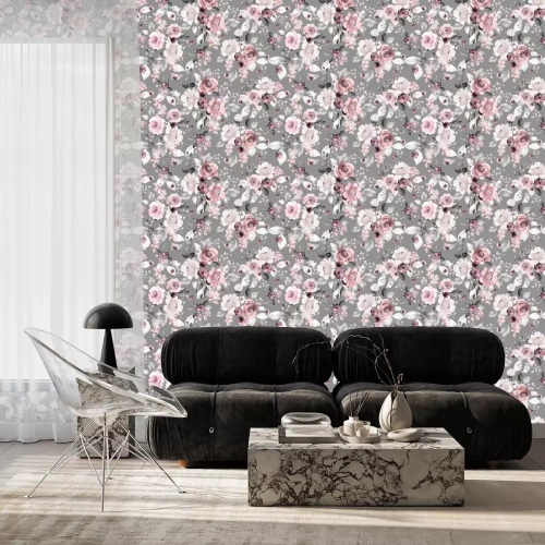 Behang Bloemen op een grijze achtergrond