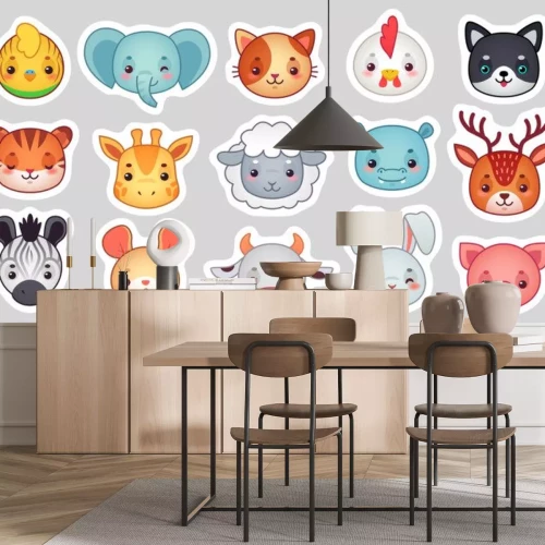 Sticker Cute animal stickers. Smiling adorable animals faces, kawaii sheep and funny chicken cartoon vector illustration set