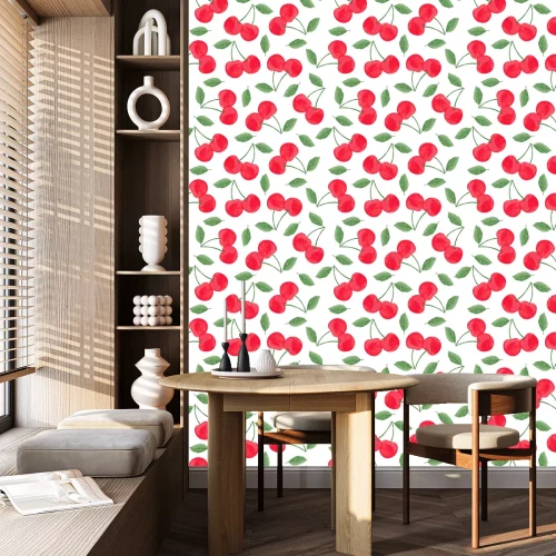 Behang Rode kersen en groene bladeren