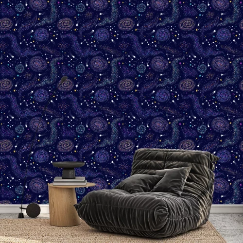 Behang Galaxy seamless deep violet pattern with colorful nebula, constellations and stars