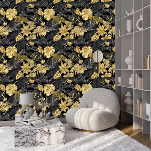 Behang Vector pattern with gold black tropical leaves