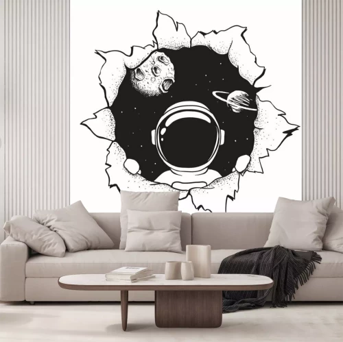 Sticker Een astronaut die door een gat in een stuk papier kijkt