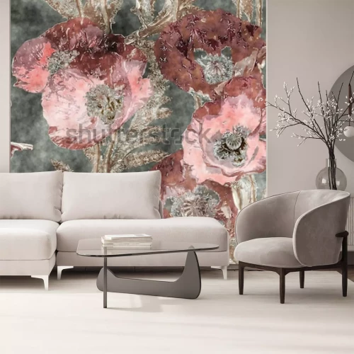 Fotobehang Klaprozen op een oud schilderij