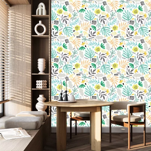 Behang Seamless pattern with decorative plants and flowers in doodle style. Perfect for kids fabric, textile, nursery wallpaper. Scandinavian style.