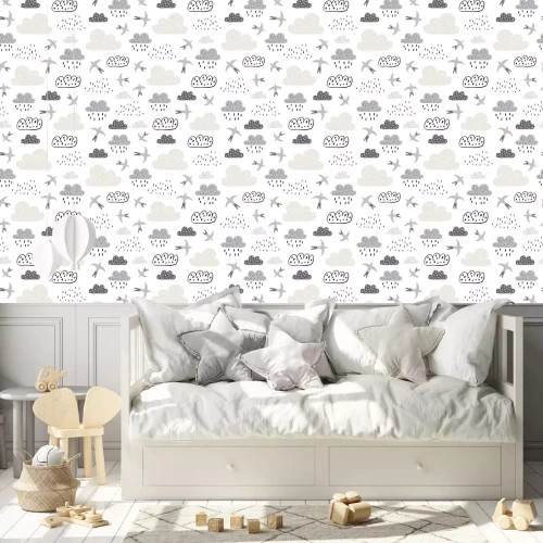 Behang Simple seamless pattern with raining clouds and flying birds. Baby shower clouds, sky seamless pattern texture. - Vector