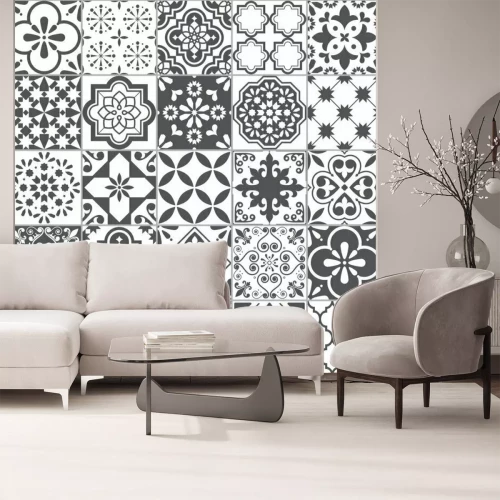 Sticker Lisbon geometric Azulejo tile vector pattern, Portuguese or Spanish retro old tiles mosaic, Mediterranean seamless gray and white design 	