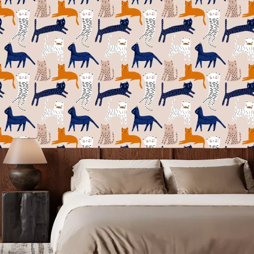 Behang Seamless pattern with cute colorful cats. Creative childish texture. Great for fabric, textile Vector Illustration