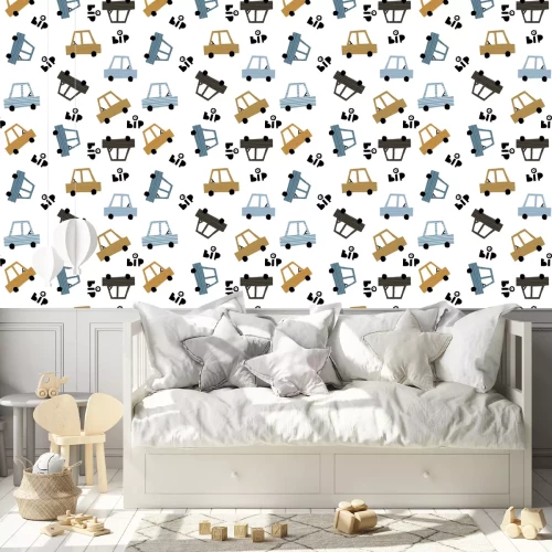 Behang Seamless childish pattern with hand cartoon drawn cars. Creative kids texture for fabric, wrapping, textile, wallpaper, apparel. Vector illustration