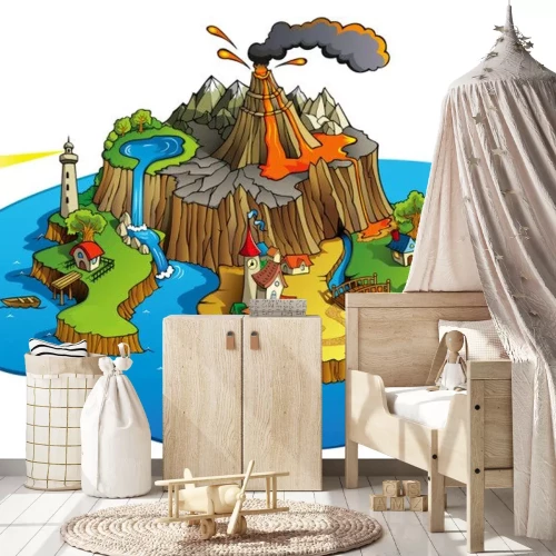 Sticker Een eiland met in het midden een uitbarstende vulkaan