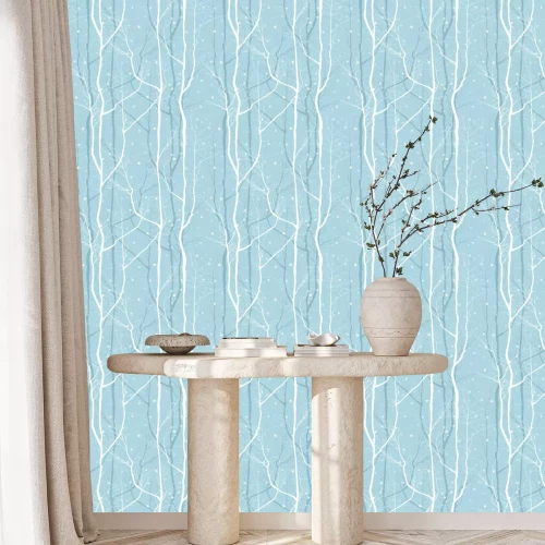 Behang Bomen in het bos op een besneeuwde winterdag