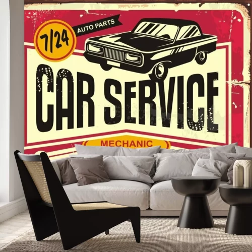 Sticker Car service vintage tin sign. Antique plaque with retro car on red damaged background. Vector illustration.