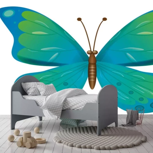 Sticker Een tekenfilmvlinder met grote groenblauwe vleugels