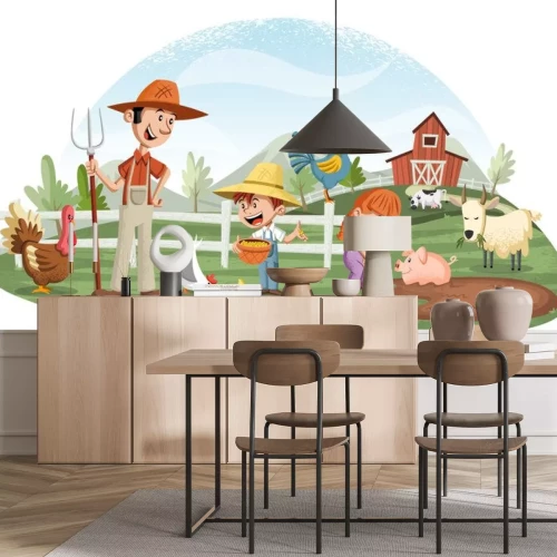 Sticker Familie op een boerderij met dieren