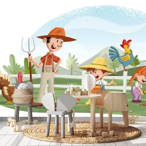 Sticker Familie op een boerderij met dieren