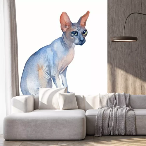 Sticker Seated Blue Sphynx Cat with green eyes looking up. Watercolor illustration.