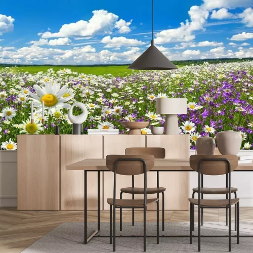 Fotobehang 3D weide met bloemen