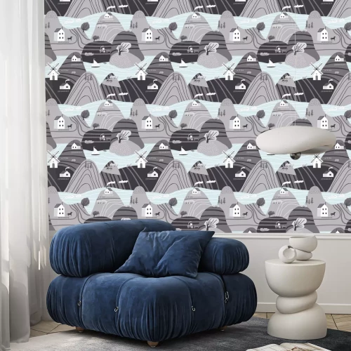 Behang Hand drawn vector abstract scandinavian graphic illustration seamless pattern with house,trees and mountains. Nordic nature landscape concept. Perfect for kids fabric, textile, nursery wallpaper.