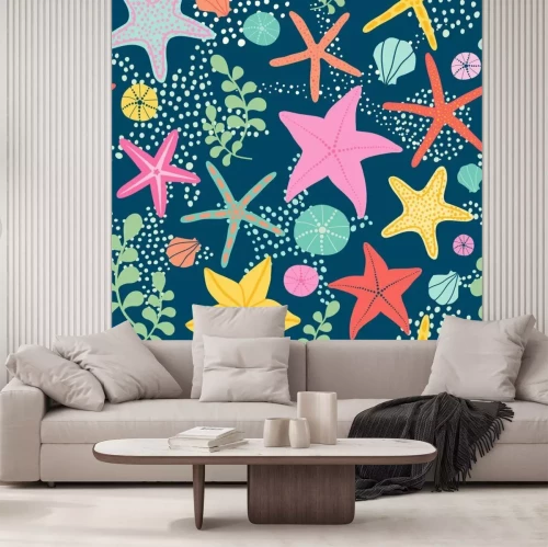 Sticker Seamless vector pattern with starfish on the dark background. 