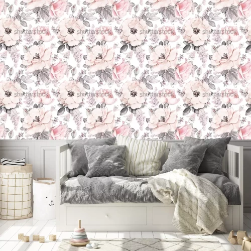 Behang Het naadloze patroon met roze bloemen en bladeren op witte achtergrond, waterverf bloemenpatroon, bloem nam in pastelkleur toe, tileable voor behang, kaart of stof
