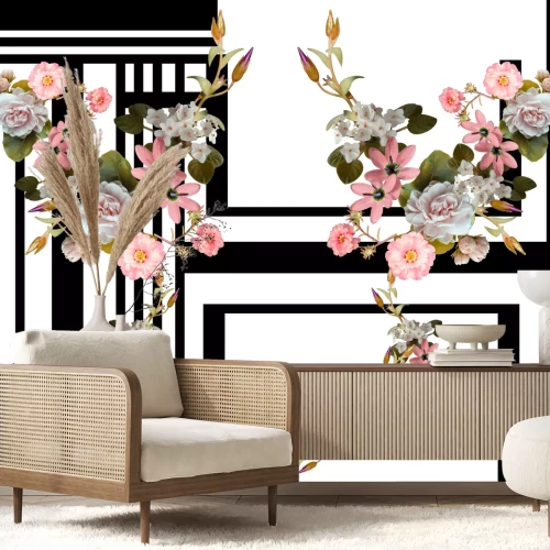 Fotobehang Wortelstokken op zwarte en witte geometrie