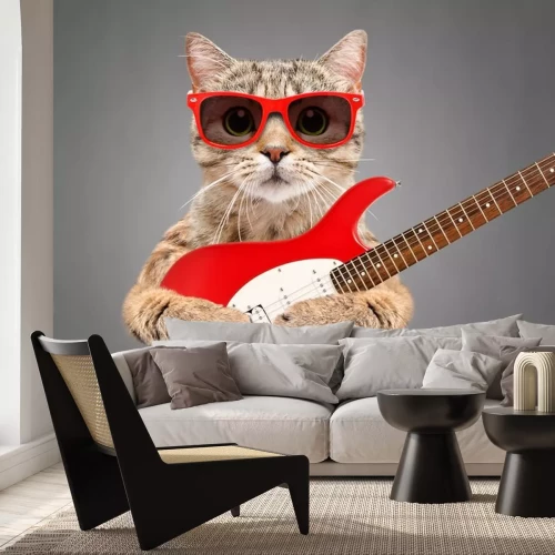 Sticker Cat Scottish Straight in sunglasses with electric guitar on gray background