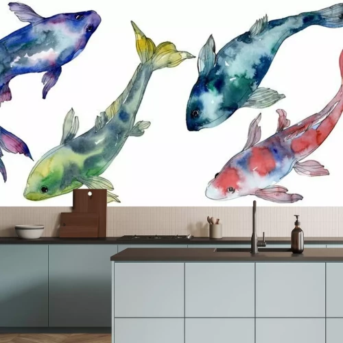 Sticker Spotted aquatic underwater colorful tropical fish set. Watercolor background set. Isolated fish illustration element.