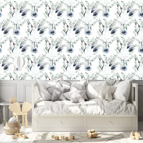 Behang Waterverfpatroon met kraanvogels en bladeren