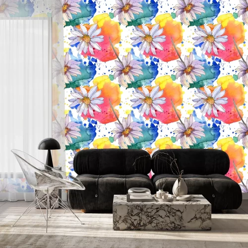 Behang Madeliefjes en kleurvlekken