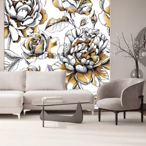 Sticker Naadloos patroon met beeld gouden Pioen en nam op een witte achtergrond toe. Vector illustratie.