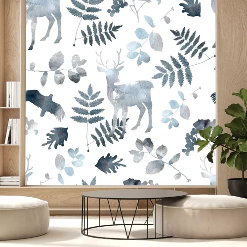 Sticker Noordelijk bos naadloos patroon met herten, vogels, bladelementen. Aquarel hand getrokken