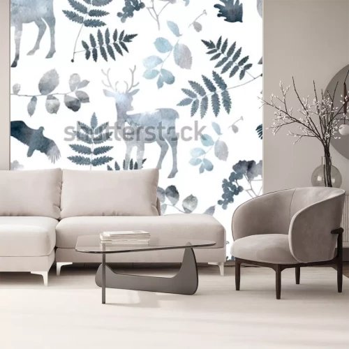 Sticker Noordelijk bos naadloos patroon met herten, vogels, bladelementen. Aquarel hand getrokken