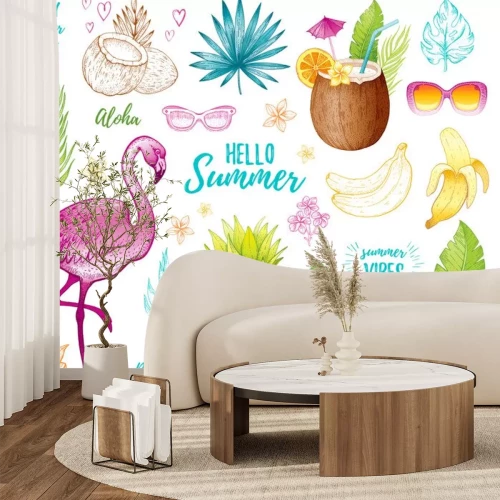 Sticker Summer tropic sticker set for t-shirt print, logo design, print, ca. Vector flamingo, palm leaf, exotic fruit. Hand drawn vintage art. Cool doodle pineapple, watermelon, banana. White background