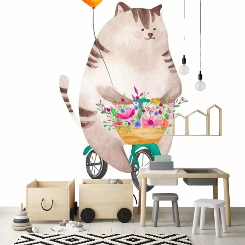 Sticker Cute watercolor cat riding bicycle