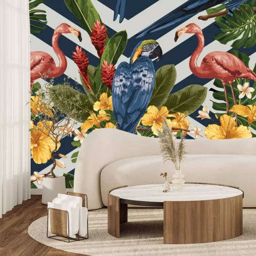 Fotobehang Vogels op een achtergrond van bloemen en strepen