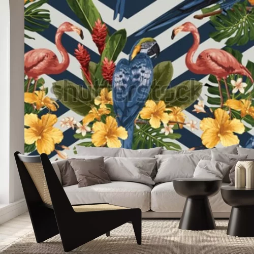 Fotobehang Vogels op een achtergrond van bloemen en strepen