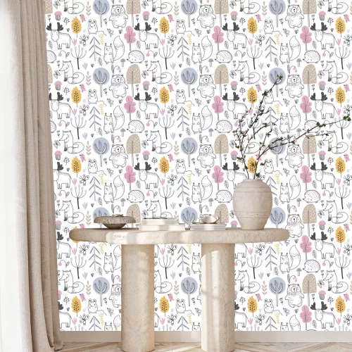 Behang Vector seamless pattern with hand drawn wild forest animals,