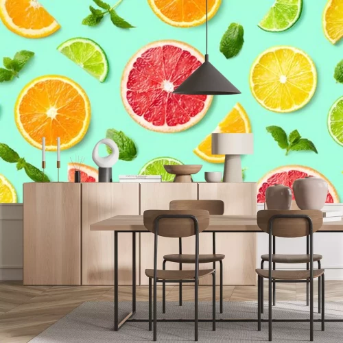 Sticker Colorful pattern of citrus fruit slices and mint leaves