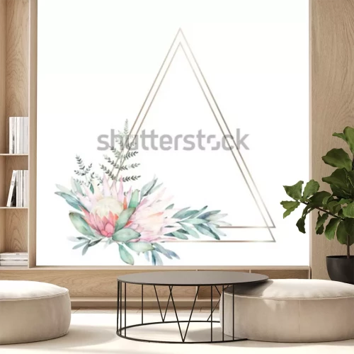 Sticker Geometrischer Rahmen des Aquarellgrüns mit Blume, Eukalyptus und Farn. Hand gezeichnete Abbildung