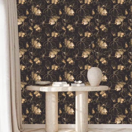 Behang Seamless pattern with golden flowers and leaves in black background.