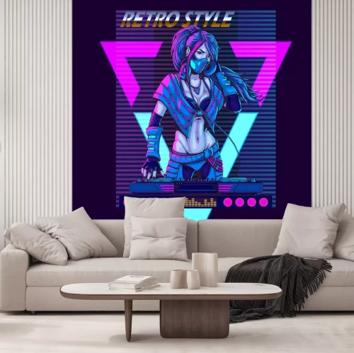 Sticker DJ woman in futuristic synth retro wave style 80s poster illustration.