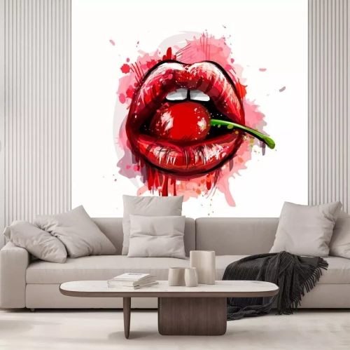 Sticker Woman red lips with cherry