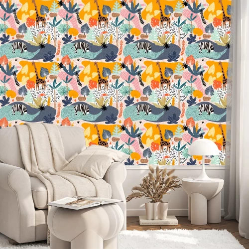 Behang Kleurrijk safari dierenpatroon tussen tropische planten