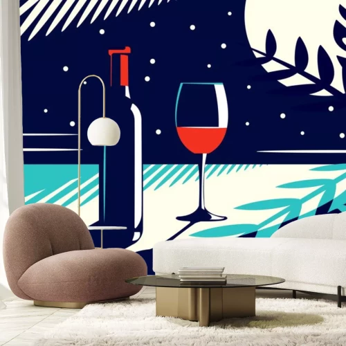 Sticker Vector illustration of a night view with a bottle and a glass of red wine in vintage style on the background of the moon and tropical leaves