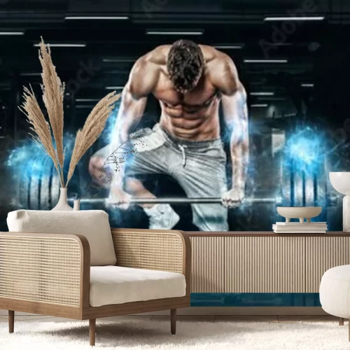 Fotobehang Gespierde man met gewichten in de sportschool