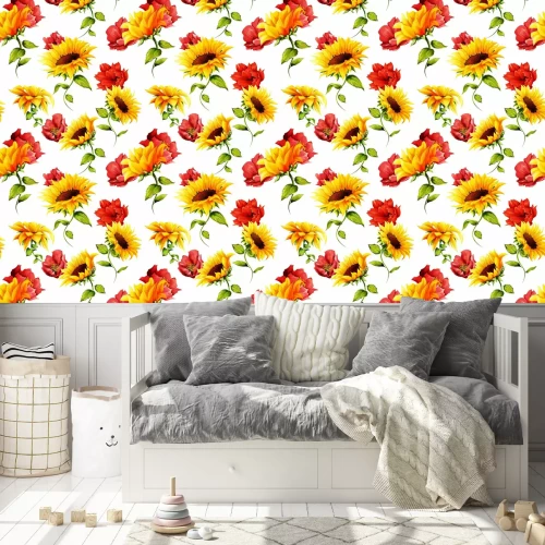 Behang Seamless pattern of sunflowers with pomegranate buds on white. Abstract. Hand drawn. Watercolor. Vector - stock