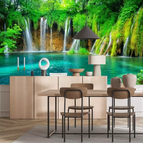 Fotobehang Waterval en blauw meer