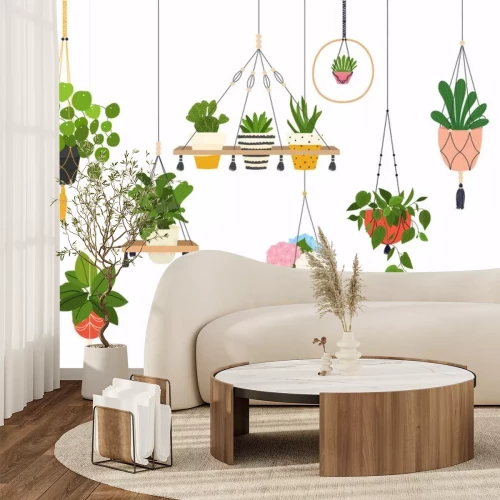 Sticker Set of macrame hangers for plants growing in pots. Flowerpot isolated objects, houseplant flower pot collection.